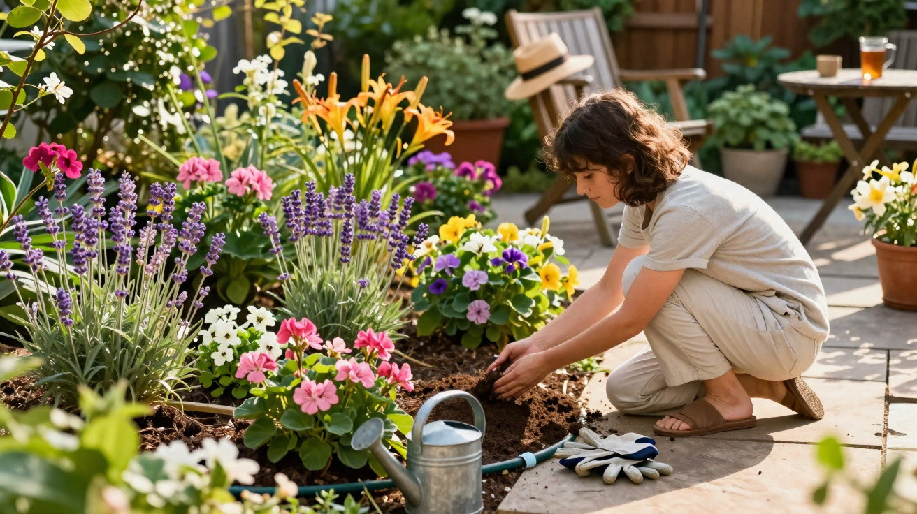 Child gardening among colourful flowers in a sunlit patio garden with watering can and gloves nearby.