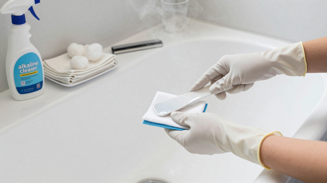 Hands wearing rubber gloves applying alkaline cleaner onto a cloth over a clean white sink.