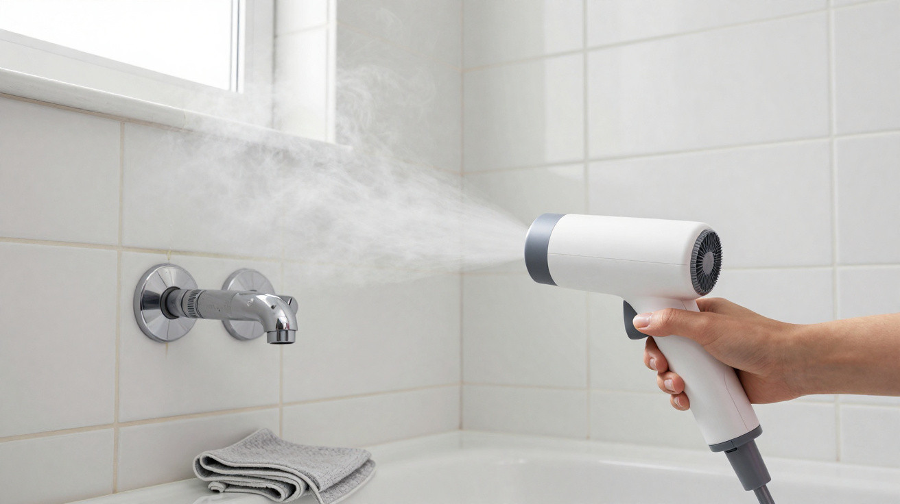 Hand holding a white steam cleaner spraying steam onto a bathroom tap and tiled wall over a folded grey cloth.