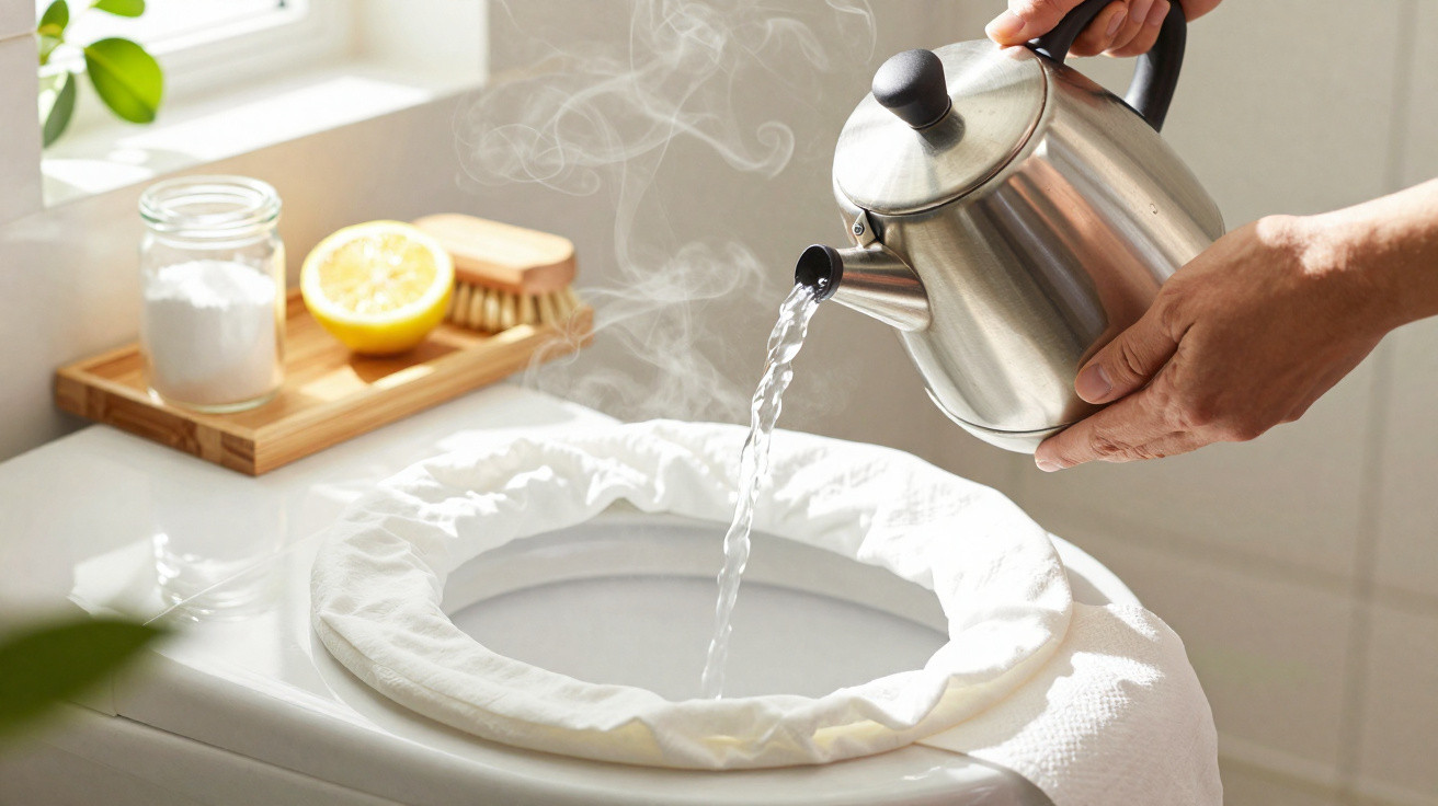 Steam from hot water being poured from a kettle onto a cloth-covered toilet bowl for cleaning or deodorising.