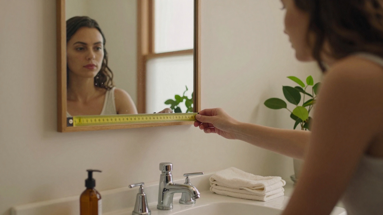 Woman measuring a bathroom mirror with a tape measure above a sink with towels and a soap dispenser.