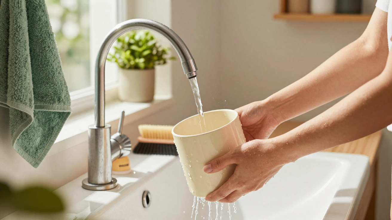 Hands holding a cup under running water from a kitchen sink tap with a green towel hanging nearby.