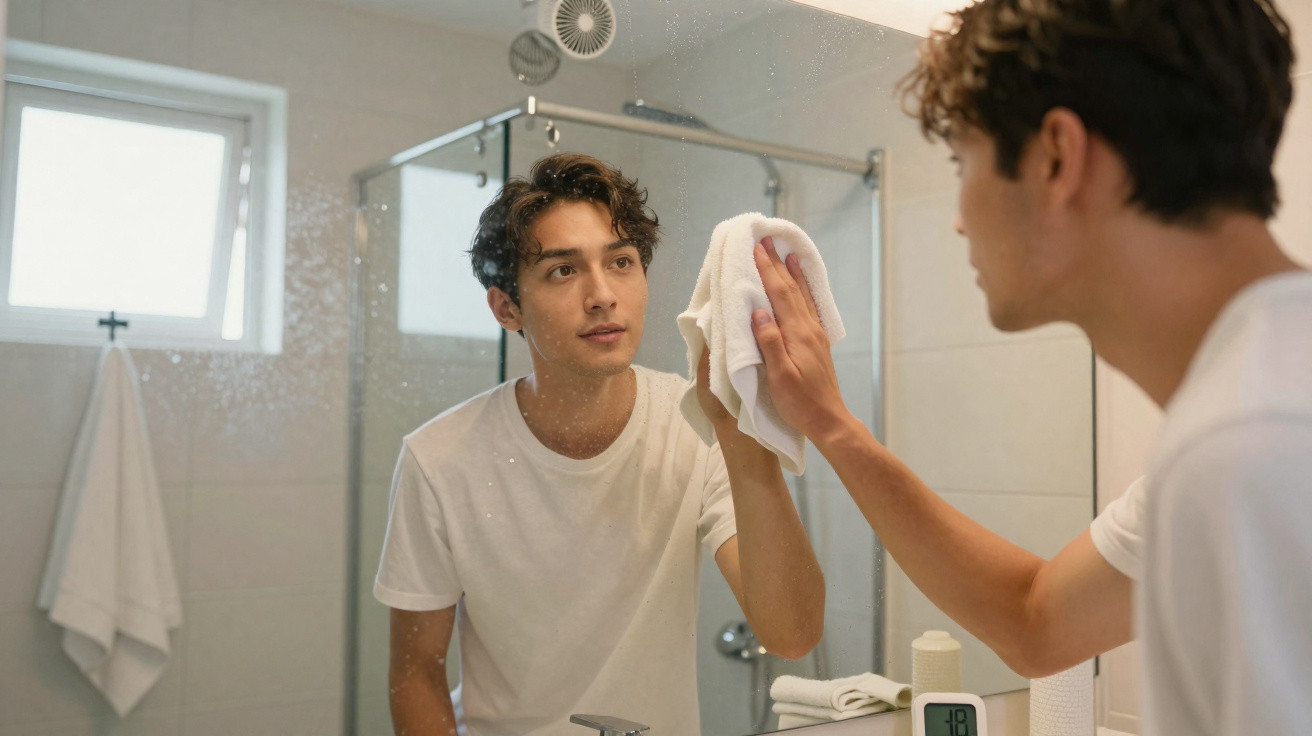 Young man in white t-shirt cleaning a bathroom mirror with a cloth, looking at his reflection.