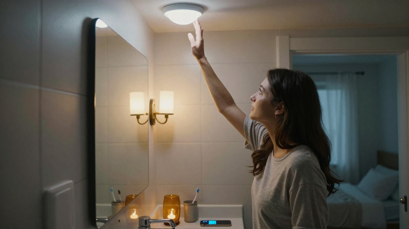 Woman reaching to turn on a ceiling light in a dimly lit bathroom with a mirror and sink.