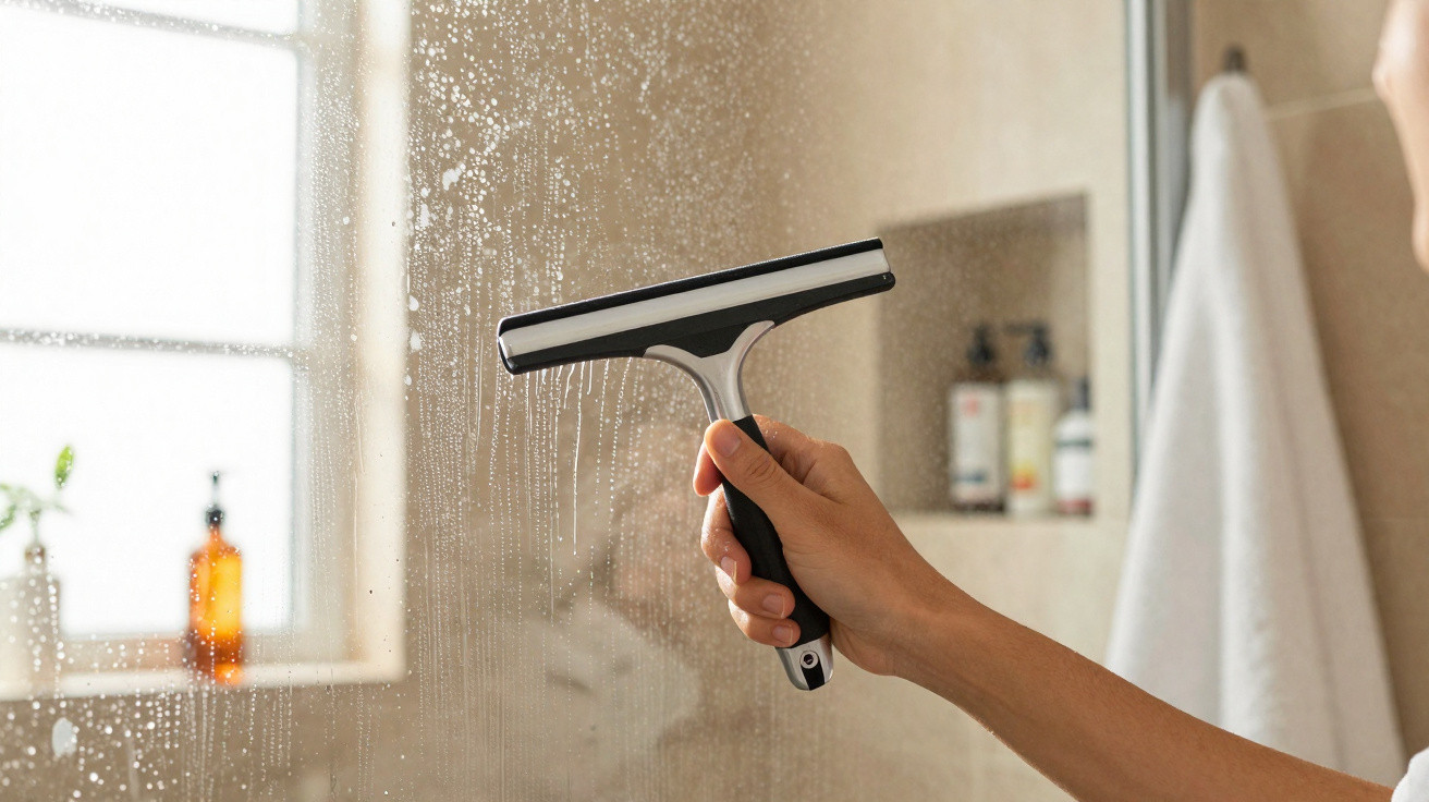 Hand holding a squeegee cleaning water droplets off a bathroom mirror or glass surface.