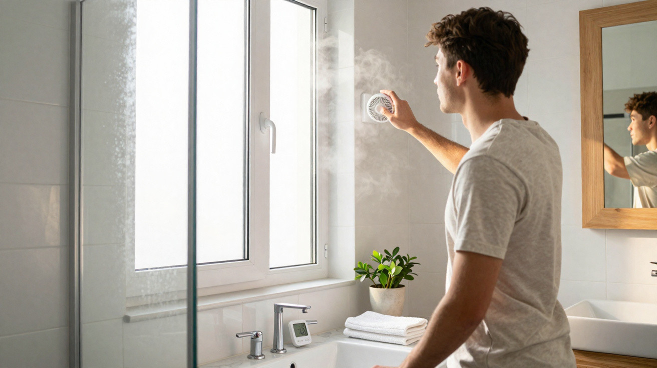 Man cleaning bathroom mirror with steam cleaner near window above sink with plant and towels.