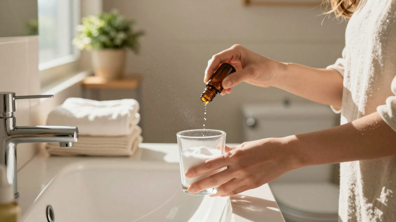 Person adding essential oil drops to a glass of water in a sunlit bathroom by the sink.