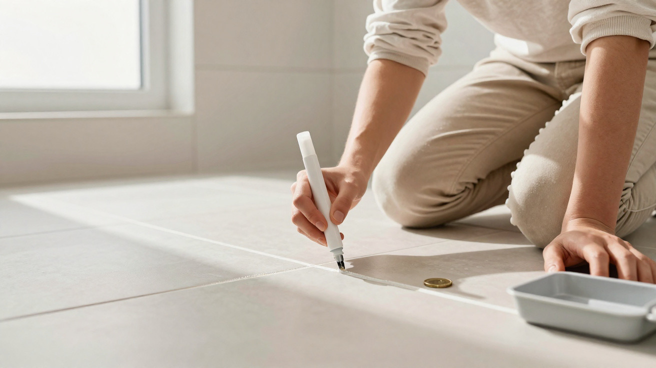 Person using a white marker to fill grout lines on a tiled floor with a coin and tray nearby in a bright room.