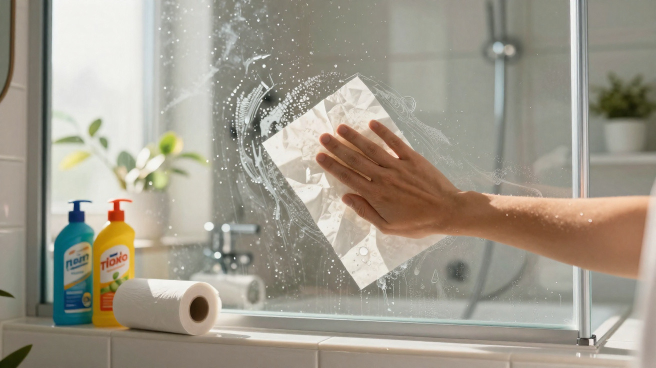Hand cleaning a glass shower door with a white cloth in a bright bathroom setting.