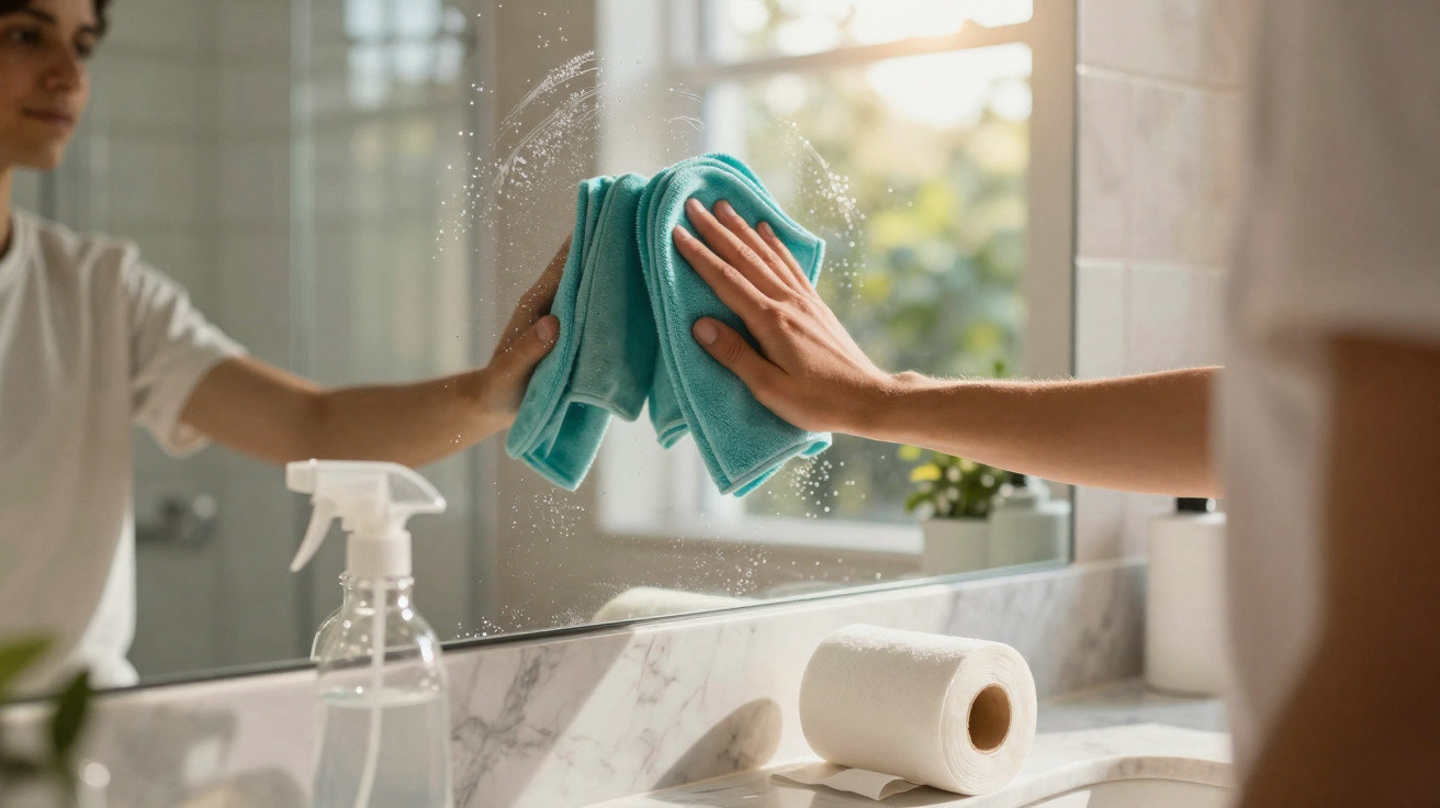 Person cleaning a bathroom mirror with a blue cloth and spray bottle on the counter next to a roll of toilet paper.
