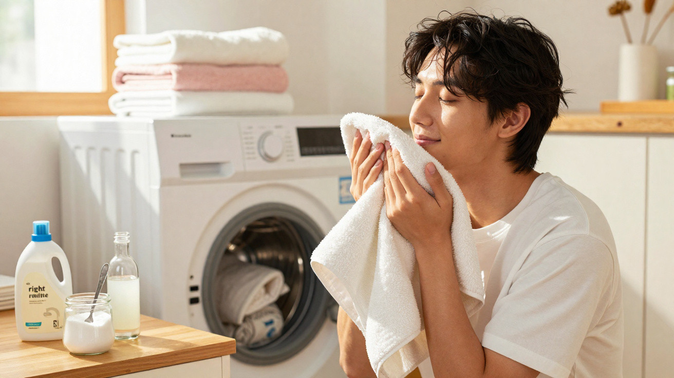 Young man smelling a clean white towel in a bright laundry room next to a washing machine and detergent.