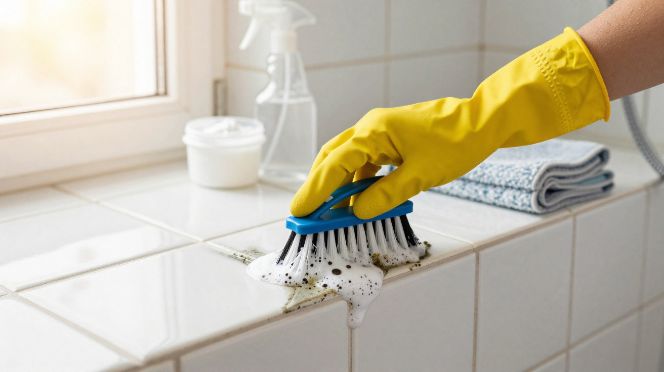 Hand in yellow glove scrubbing moldy white tile grout with brush and foam cleaner by window.
