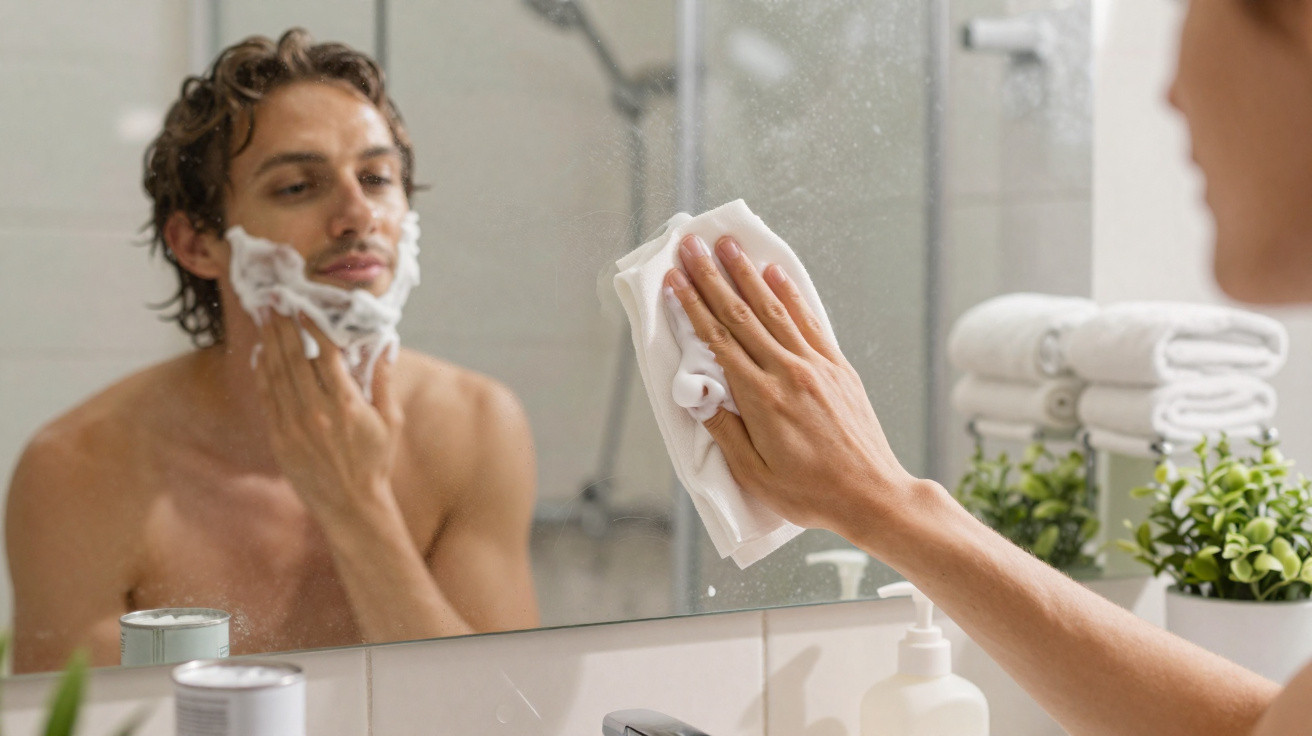 Man applying shaving cream to his face while another hand cleans a bathroom mirror with a cloth.