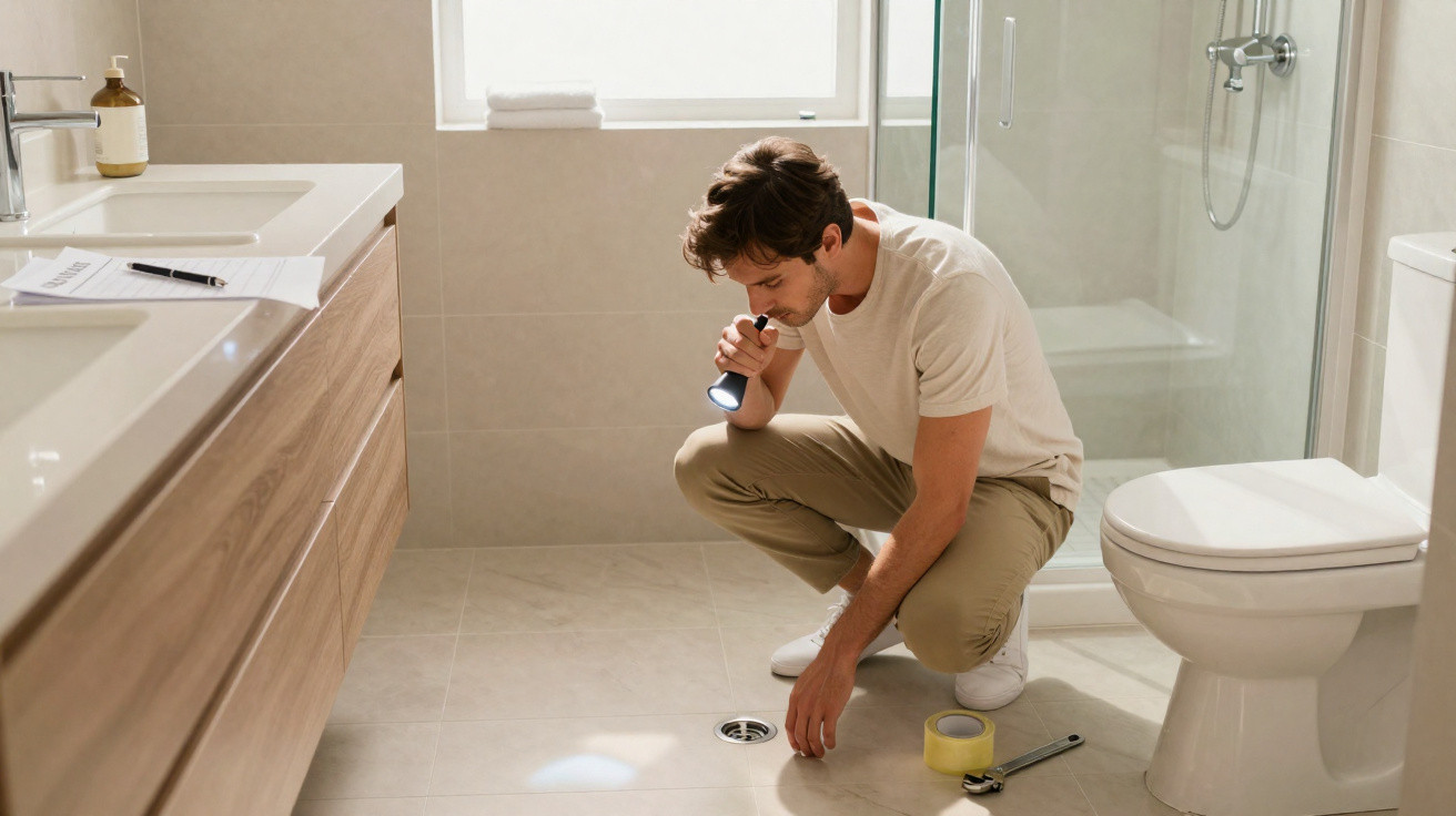 Man in beige clothes inspecting bathroom floor drain with a flashlight while crouching near tools.
