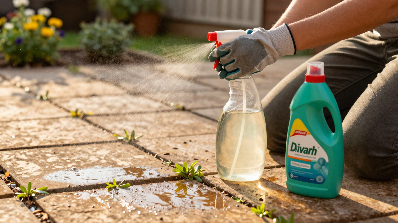 Person wearing gloves spraying weed killer on patio weeds beside a bottle of Divarh cleaner.