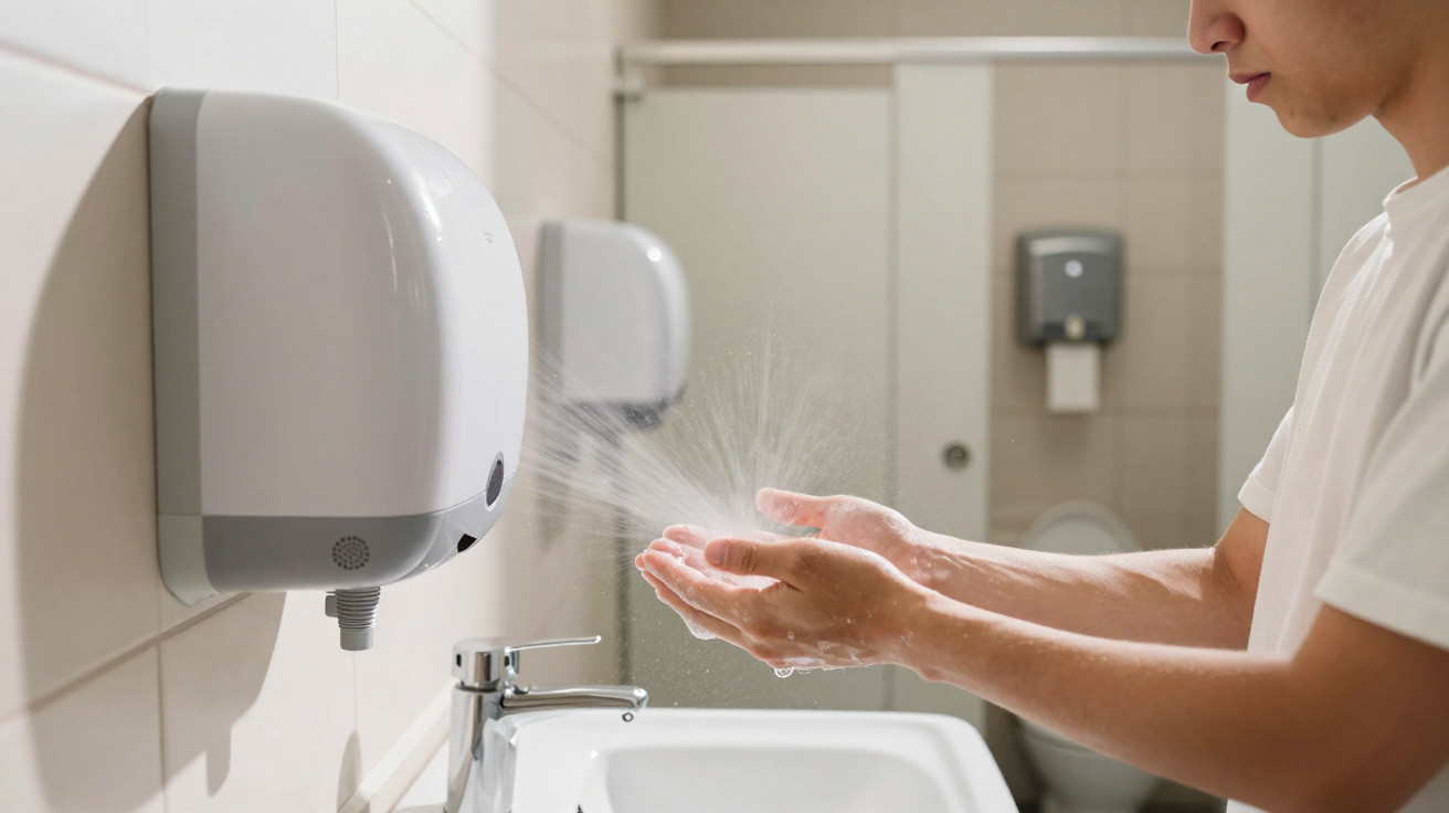 Person drying hands with an automatic hand dryer above a sink in a public restroom.