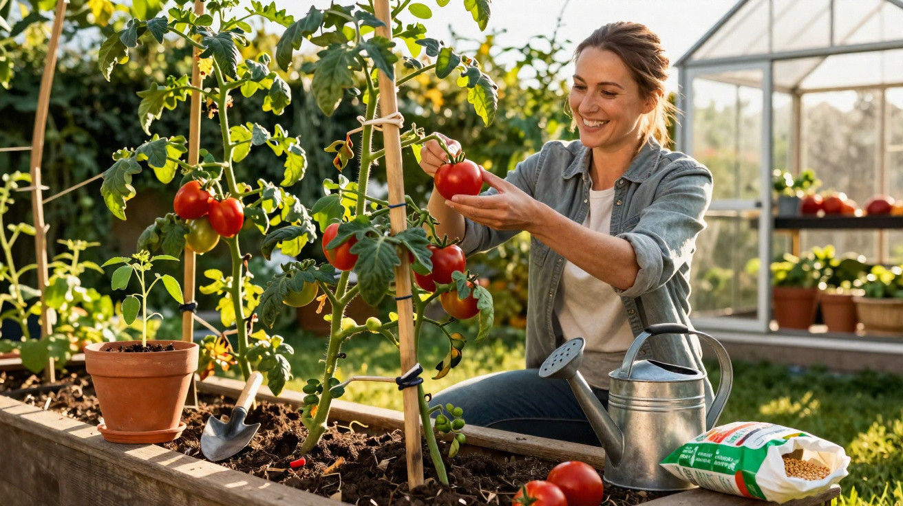 Woman harvesting ripe red tomatoes from a garden bed with watering can and greenhouse in background.