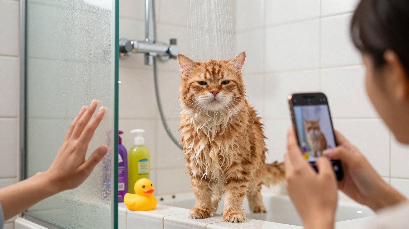 Wet ginger cat standing on a bathroom sink while someone takes its photo with a smartphone.