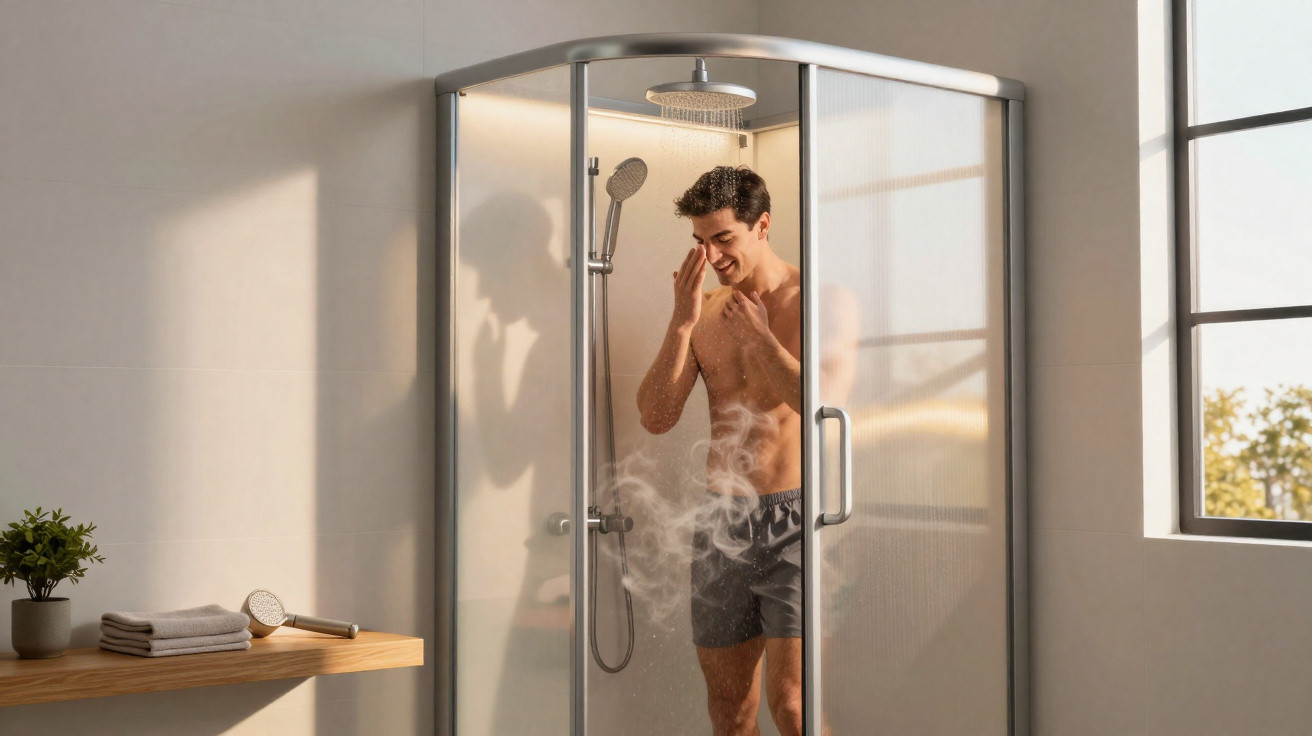 Man enjoying a hot shower in a modern glass shower enclosure in a bright bathroom with natural light.
