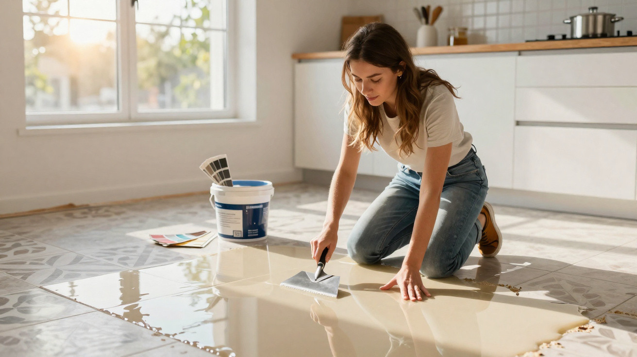 Woman kneeling on the floor smoothing adhesive while installing large cream tiles in a bright kitchen.