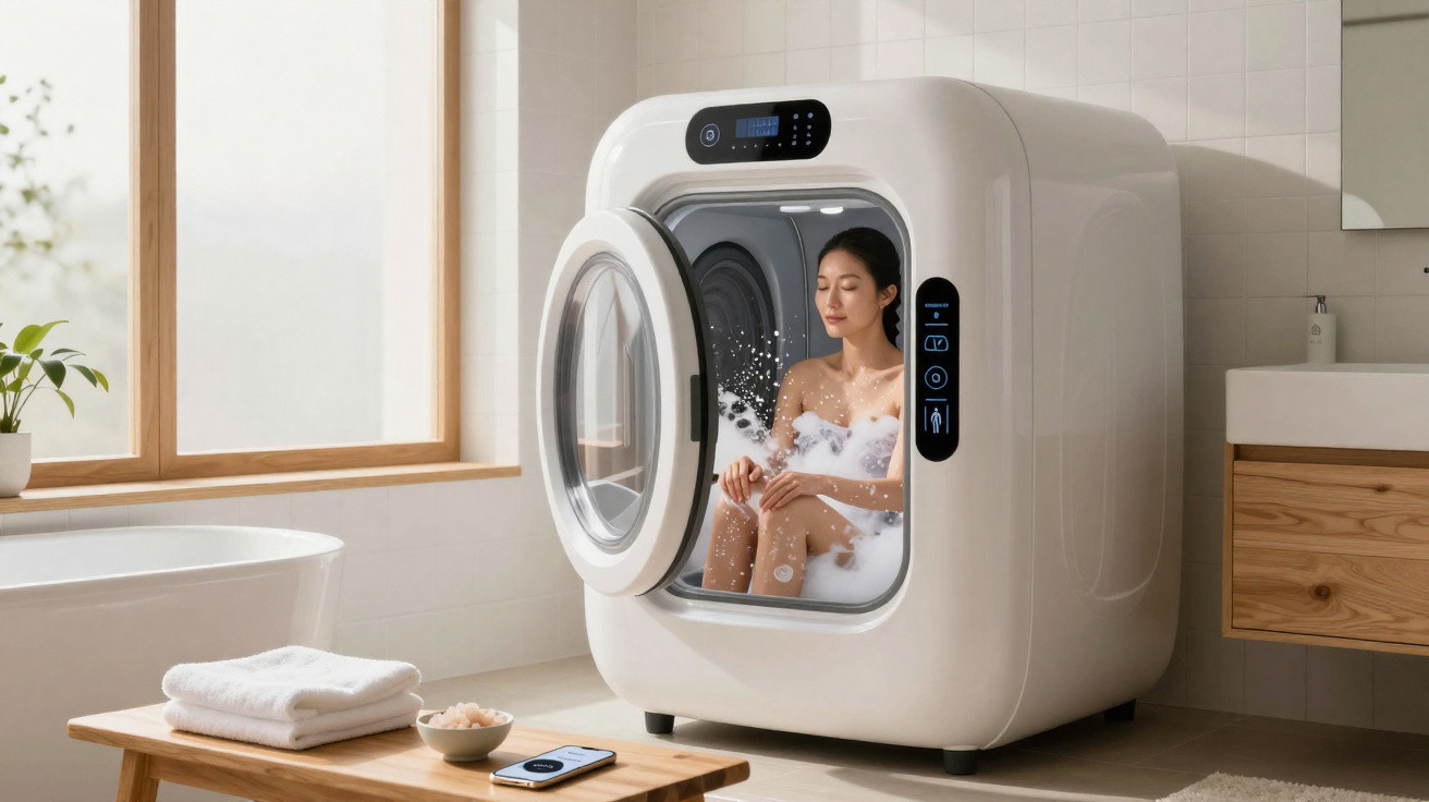 Woman relaxing in a futuristic bath capsule filled with bubbles in a modern bathroom setting.