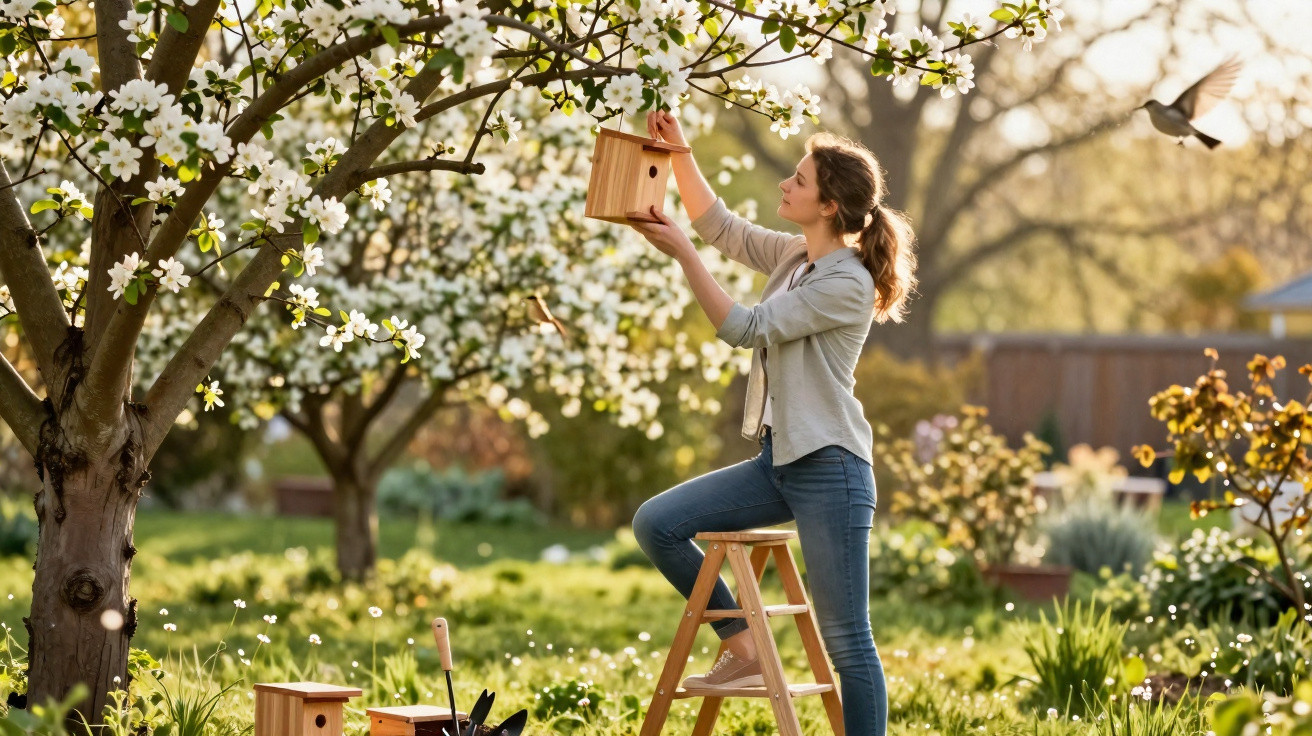 Woman on a ladder hanging a wooden birdhouse on a blossoming tree in a sunny garden.