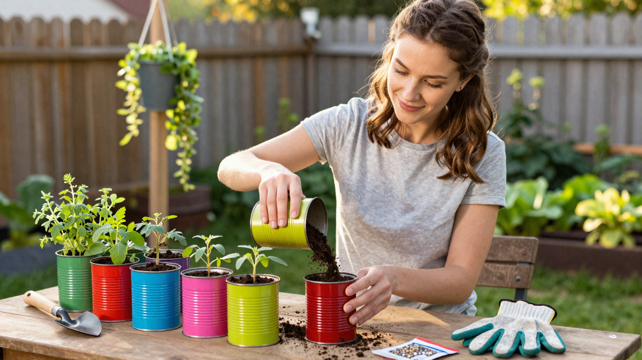 Woman planting seedlings in colourful tin cans on a wooden table outdoors in a garden.