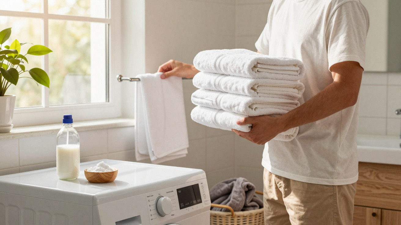 Person holding folded white towels in a bright laundry room next to a washing machine and detergent.