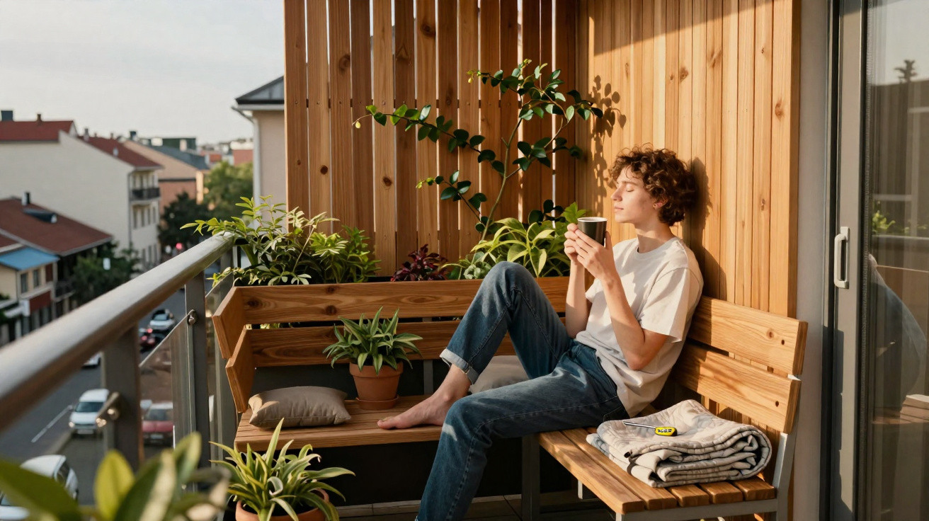Person relaxing on a balcony bench drinking from a cup surrounded by plants in warm sunlight
