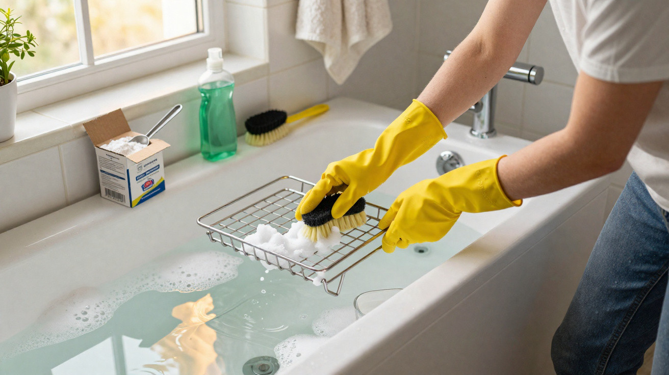 Person wearing yellow gloves scrubbing a bath rack over a soapy filled bathtub.
