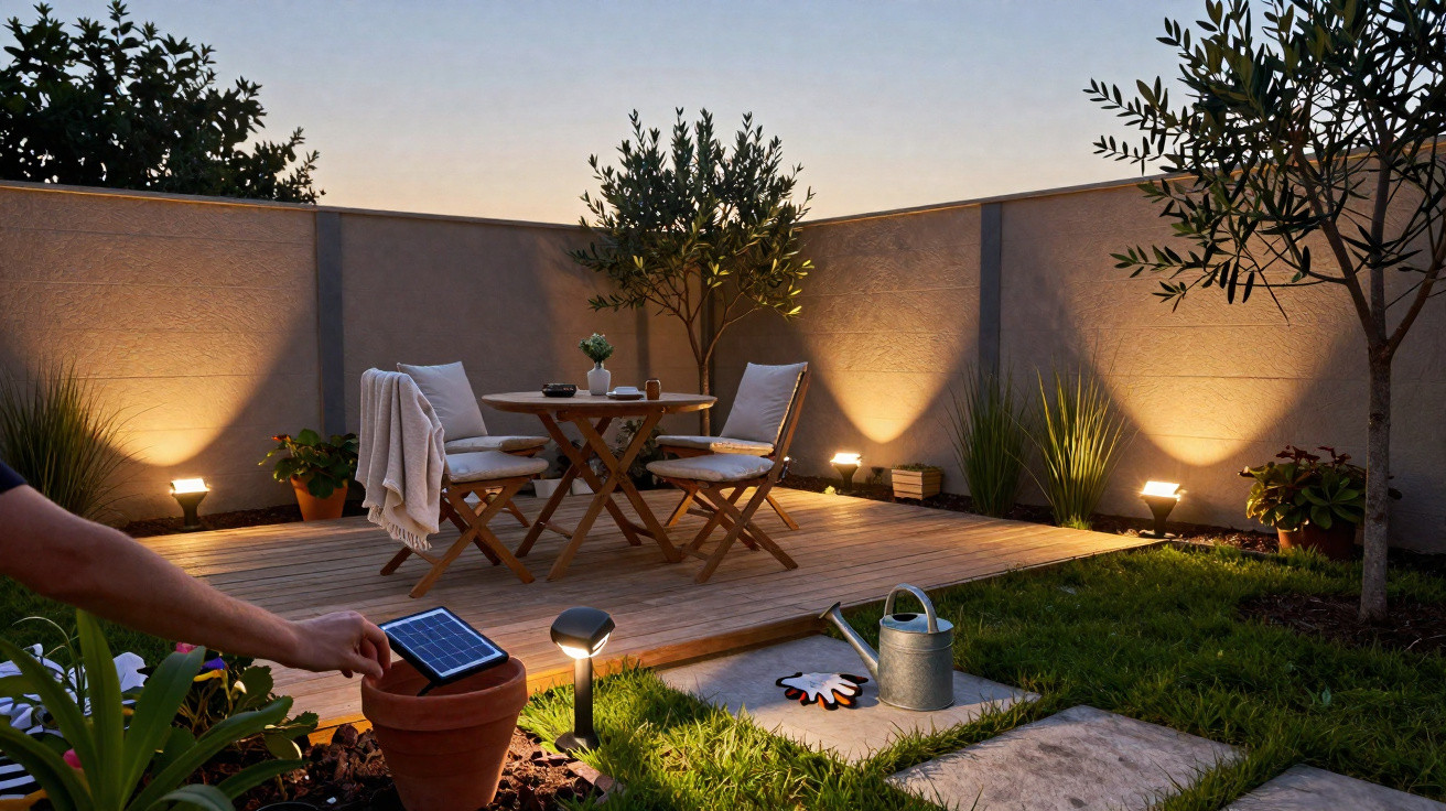Person installing solar garden light next to wooden patio with table, chairs, and outdoor plants at dusk