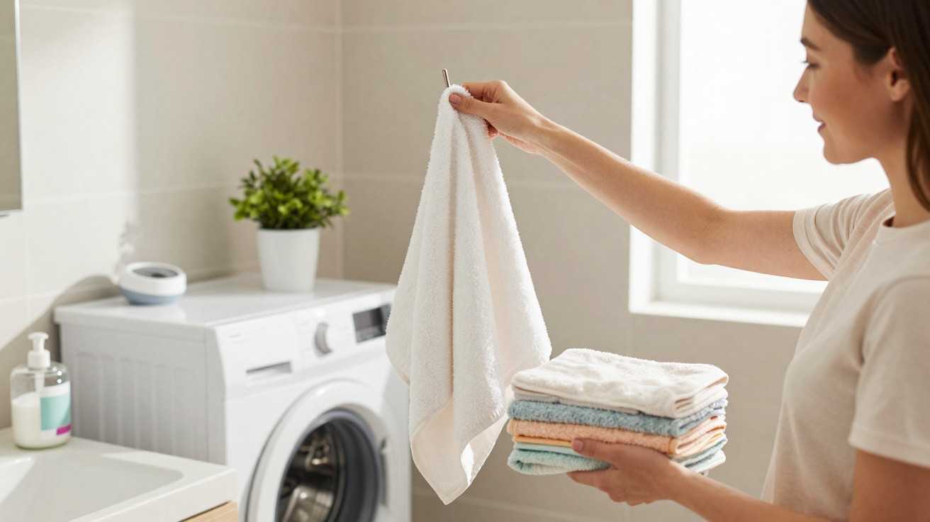 Woman holding a stack of folded towels and hanging a white towel on a hook in a bright laundry room.