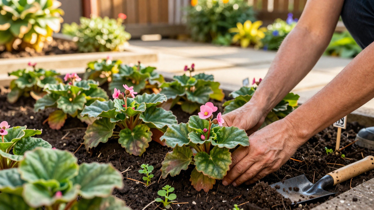 Hands planting pink flowering plants in a garden bed with gardening trowel and patio in the background.