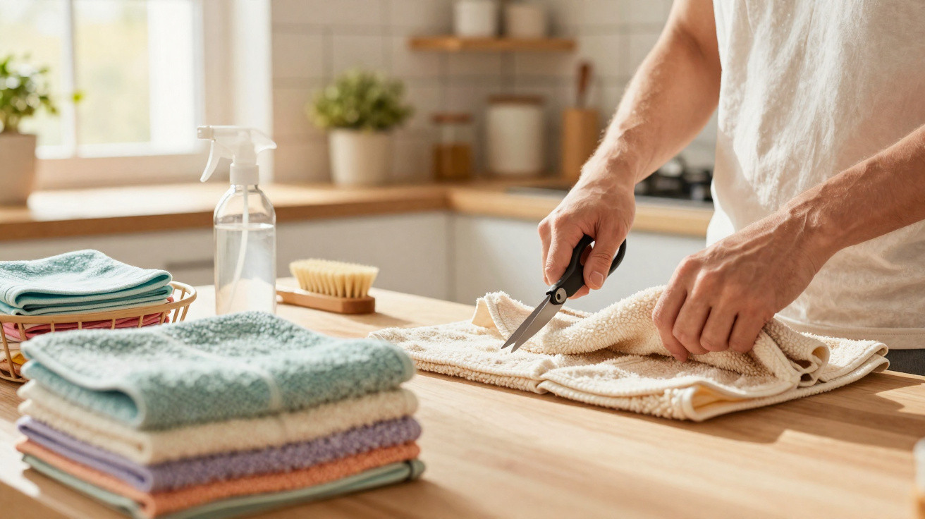 Person cutting fabric with scissors on a wooden kitchen countertop beside folded towels and a spray bottle.