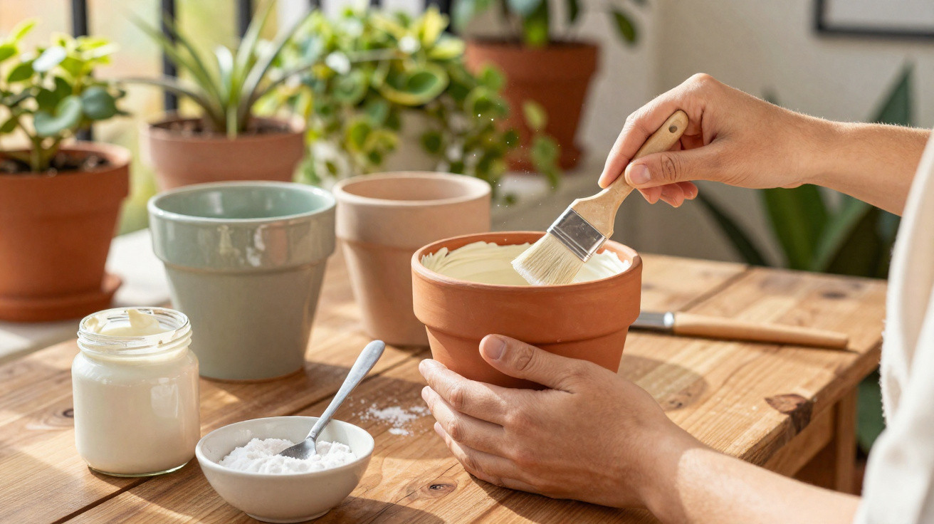 Person painting a terracotta pot white with a brush on a wooden table with plants nearby.