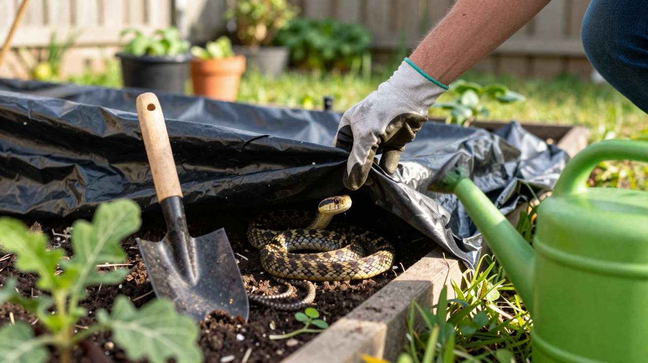 Gardener lifting plastic cover to reveal coiled snake in garden bed with trowel and watering can nearby.