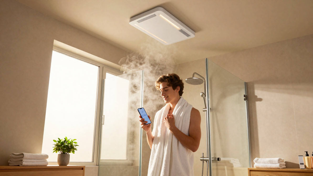 Young man with towel using smartphone in steamy bathroom near glass shower and plants by window