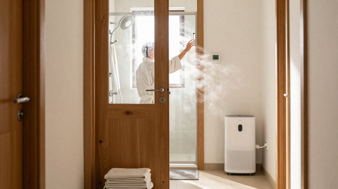 Person in bathrobe adjusting shower controls in a steamy bathroom with a humidifier on the floor.