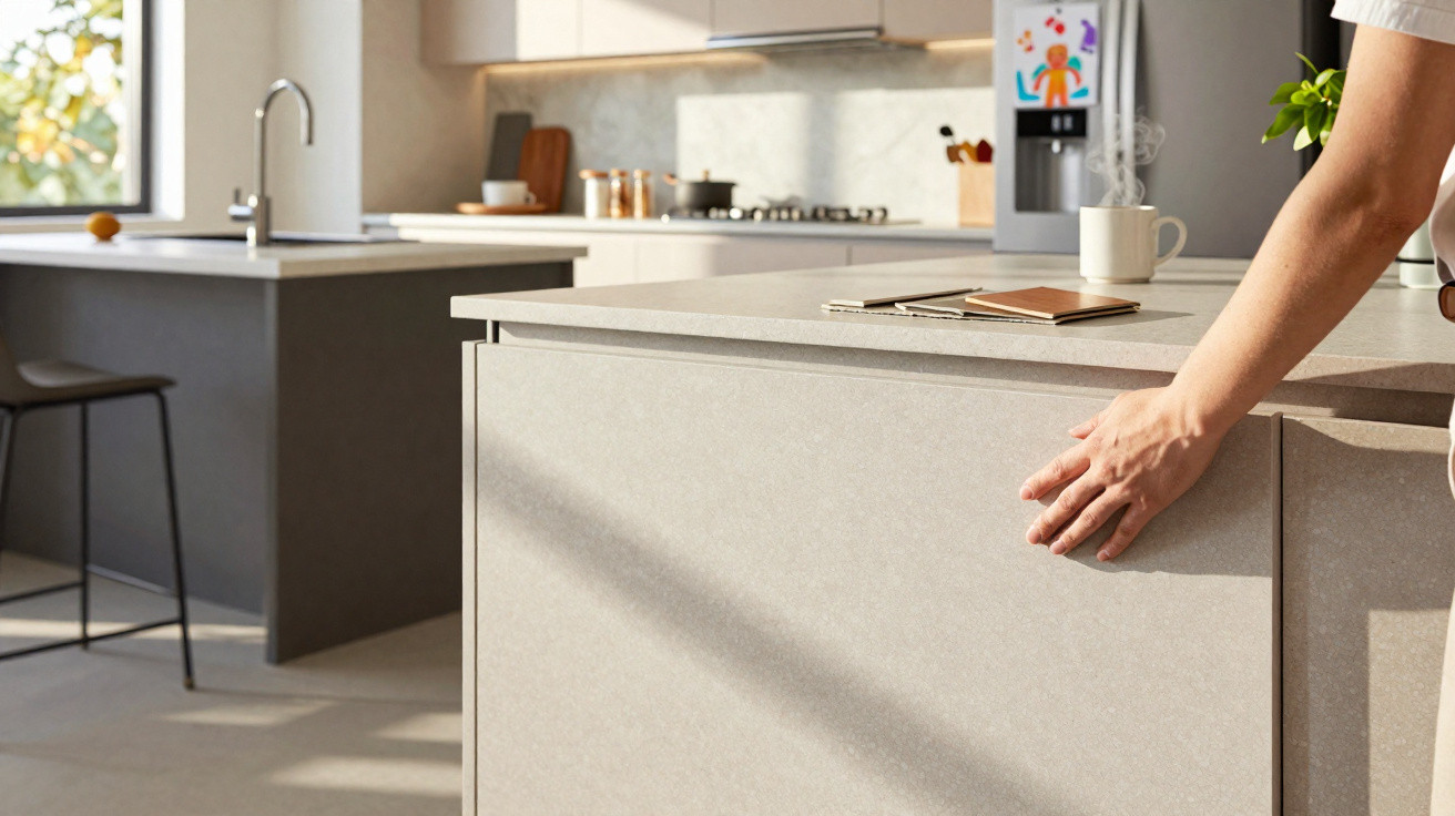 Person opening a modern grey kitchen cabinet in a sunlit, minimalist kitchen with a fridge and sink visible.