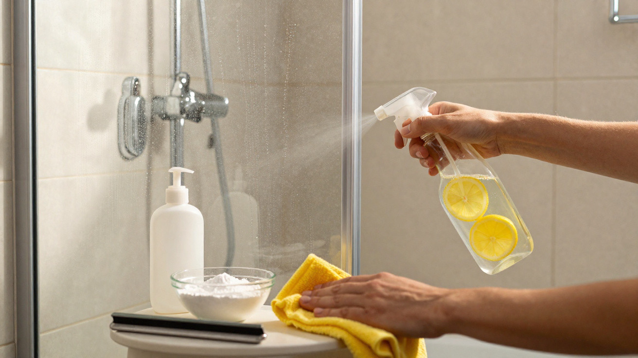 Hands cleaning a glass shower door with a yellow cloth and lemon-infused spray bottle in bathroom.