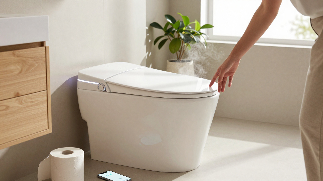 Person’s hand reaching to touch a closed smart toilet lid in a modern bathroom with a plant and smartphone nearby.