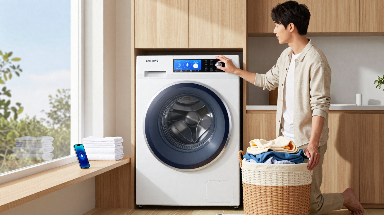 Man kneeling by a Samsung washing machine, adjusting settings with a basket of laundry beside him in a bright room.