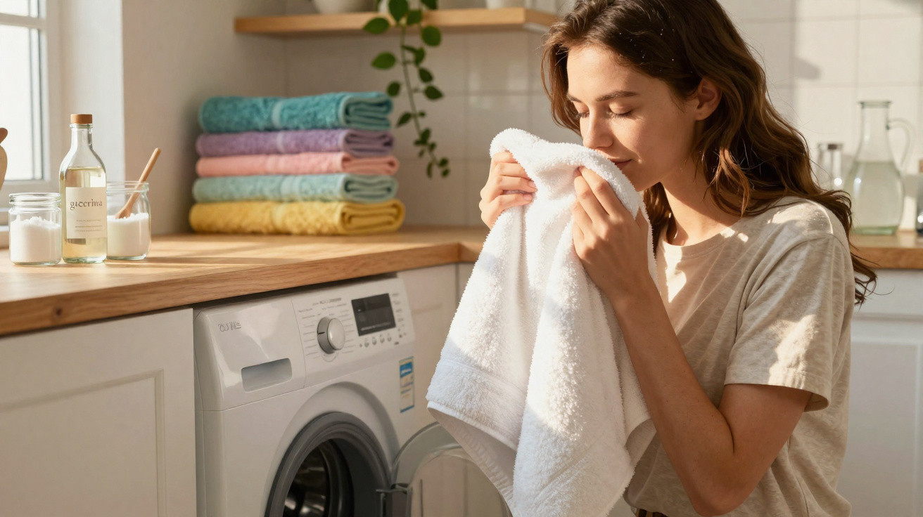 Woman smelling a fresh white towel beside a front-loading washing machine in a bright laundry room.