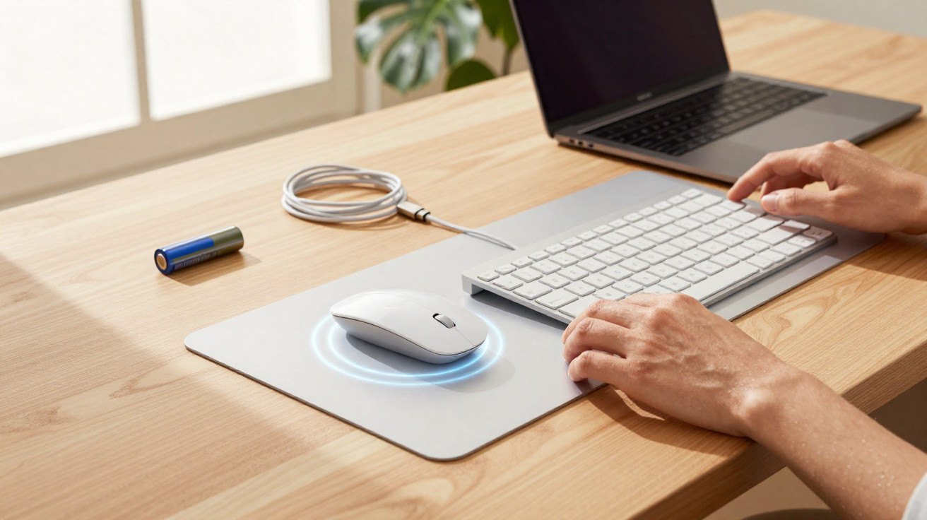Person using a wireless mouse and compact keyboard on a wooden desk with a laptop and battery nearby.