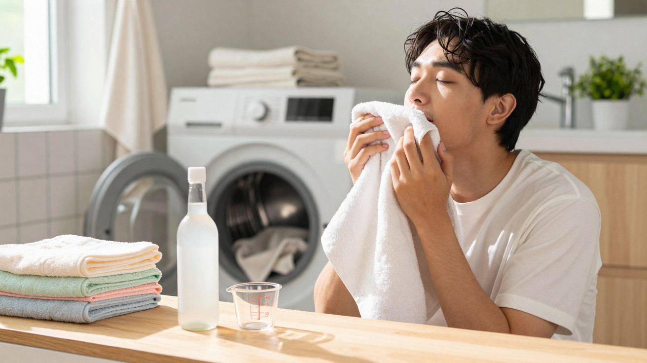 Man smelling a clean white towel in a bright laundry room with a washing machine and folded towels nearby.
