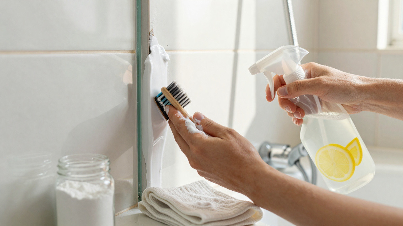 Person scrubbing bathroom mirror with brush and spray bottle containing lemon water cleaner.