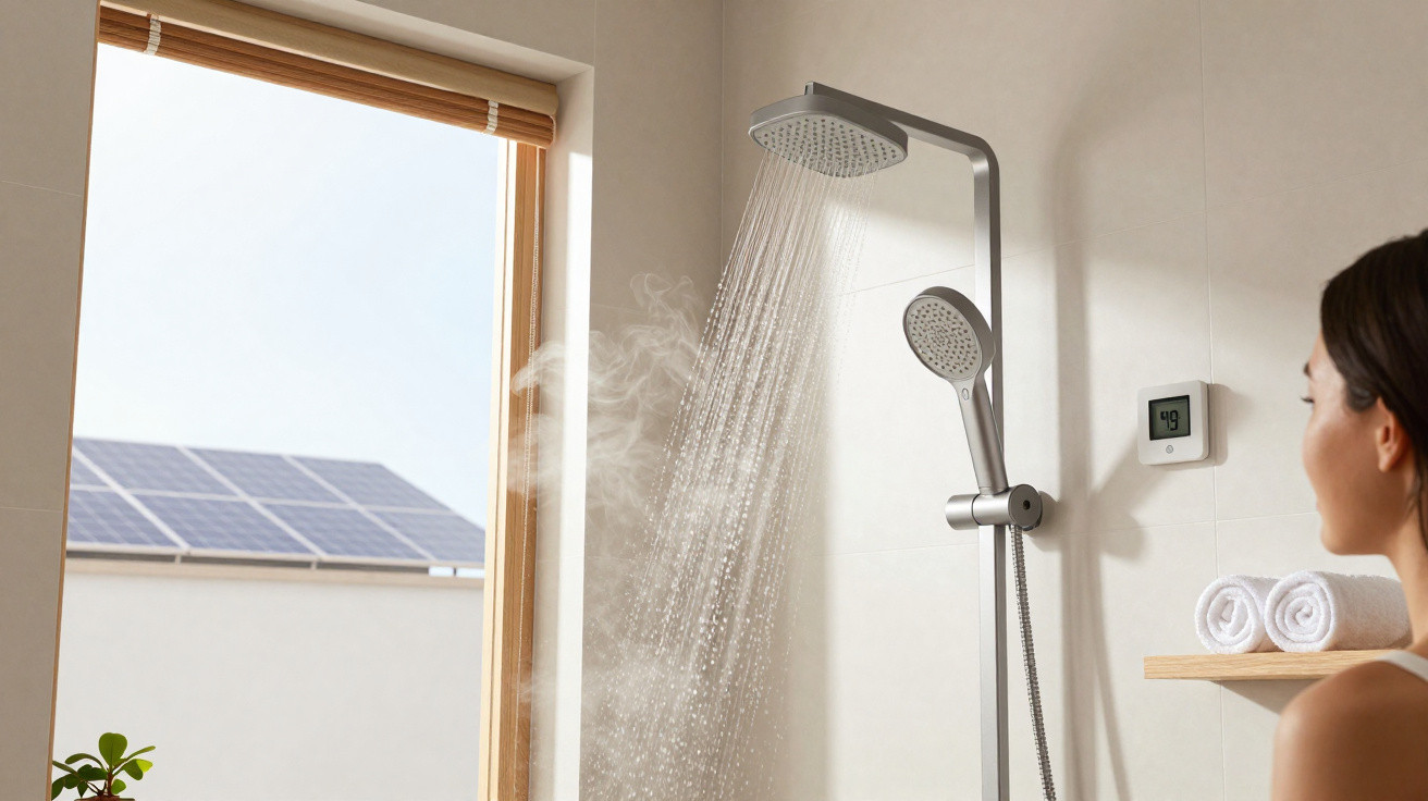 Modern shower with rainfall and handheld showerheads, steam rising, digital temperature display showing 49°C.