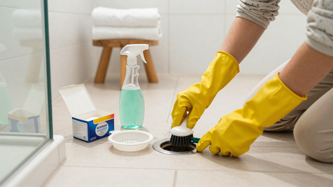Person wearing yellow gloves cleaning a bathroom drain with a brush and cleaning supplies nearby.