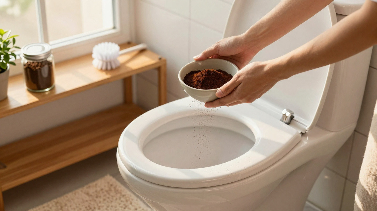 Person sprinkling coffee grounds into a white toilet bowl in a bright, tidy bathroom.