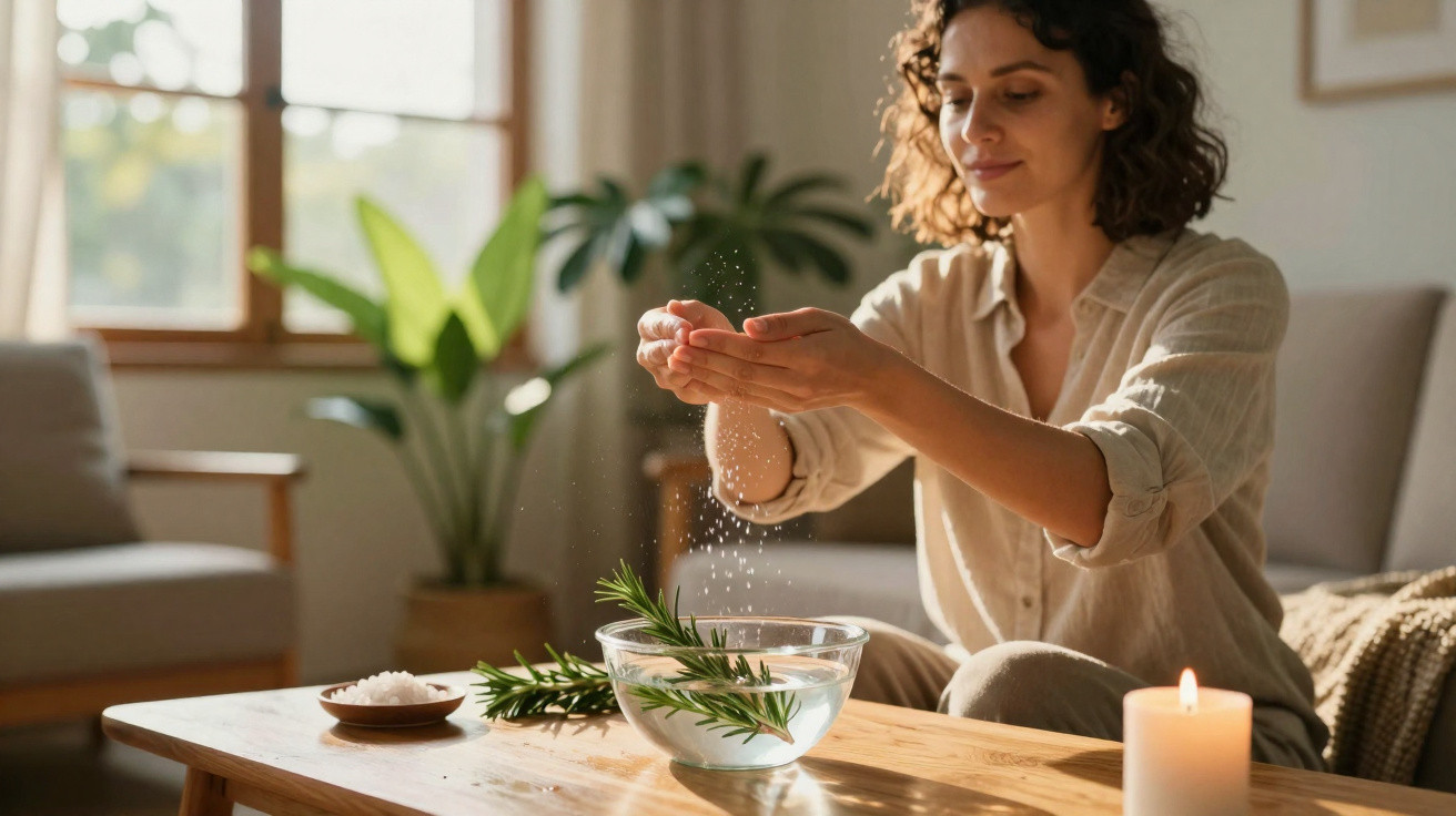 Woman sprinkling salt into a bowl with rosemary on a wooden table in a cozy, sunlit room.